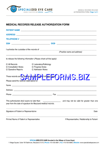 Maryland Medical Records Release Form 2